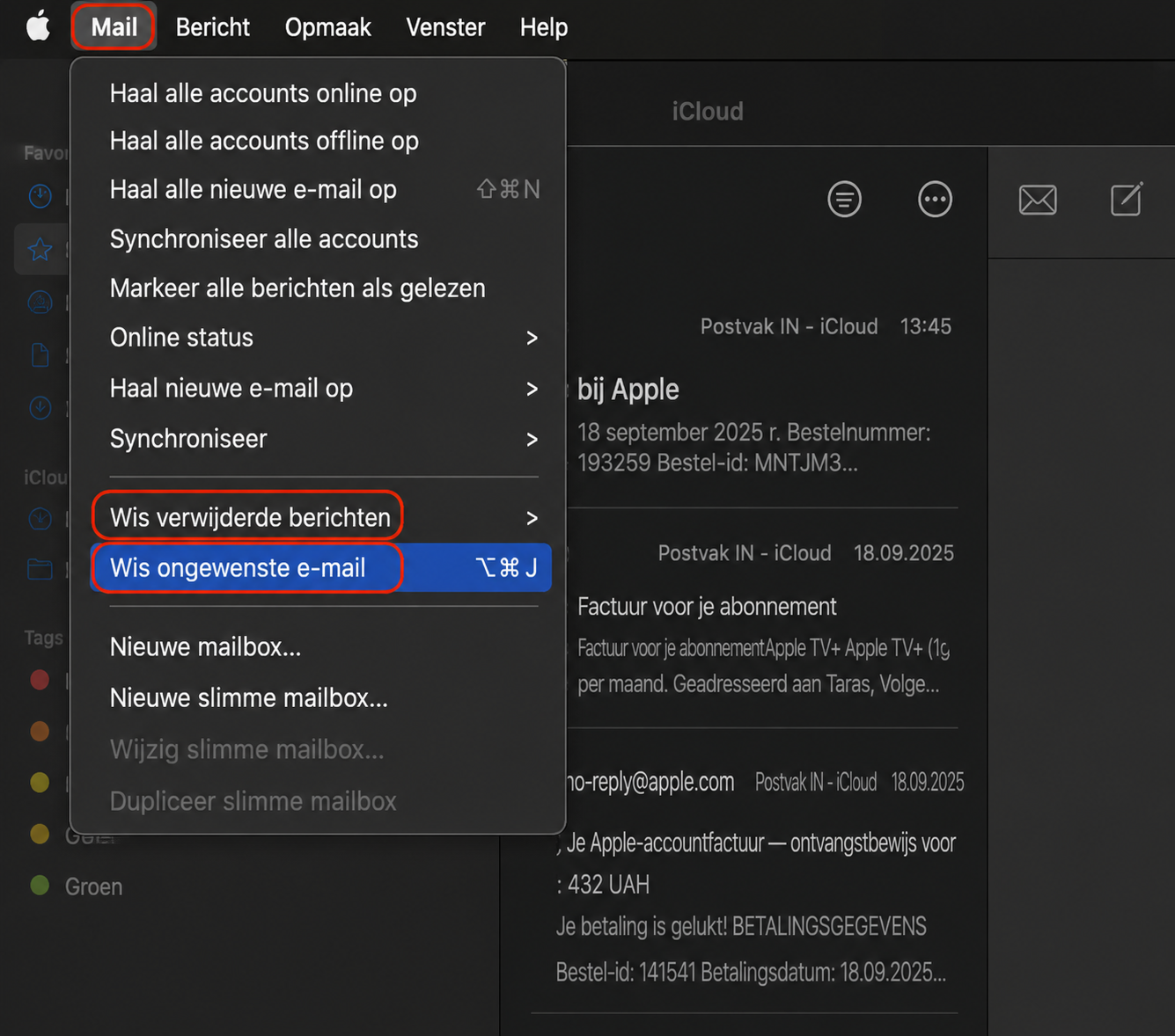 In Mail, open het menu Mailbox, kies Verwijder ongewenste post, ga dan terug naar Mailbox en klik op Verwijder verwijderde items om ruimte vrij te maken.