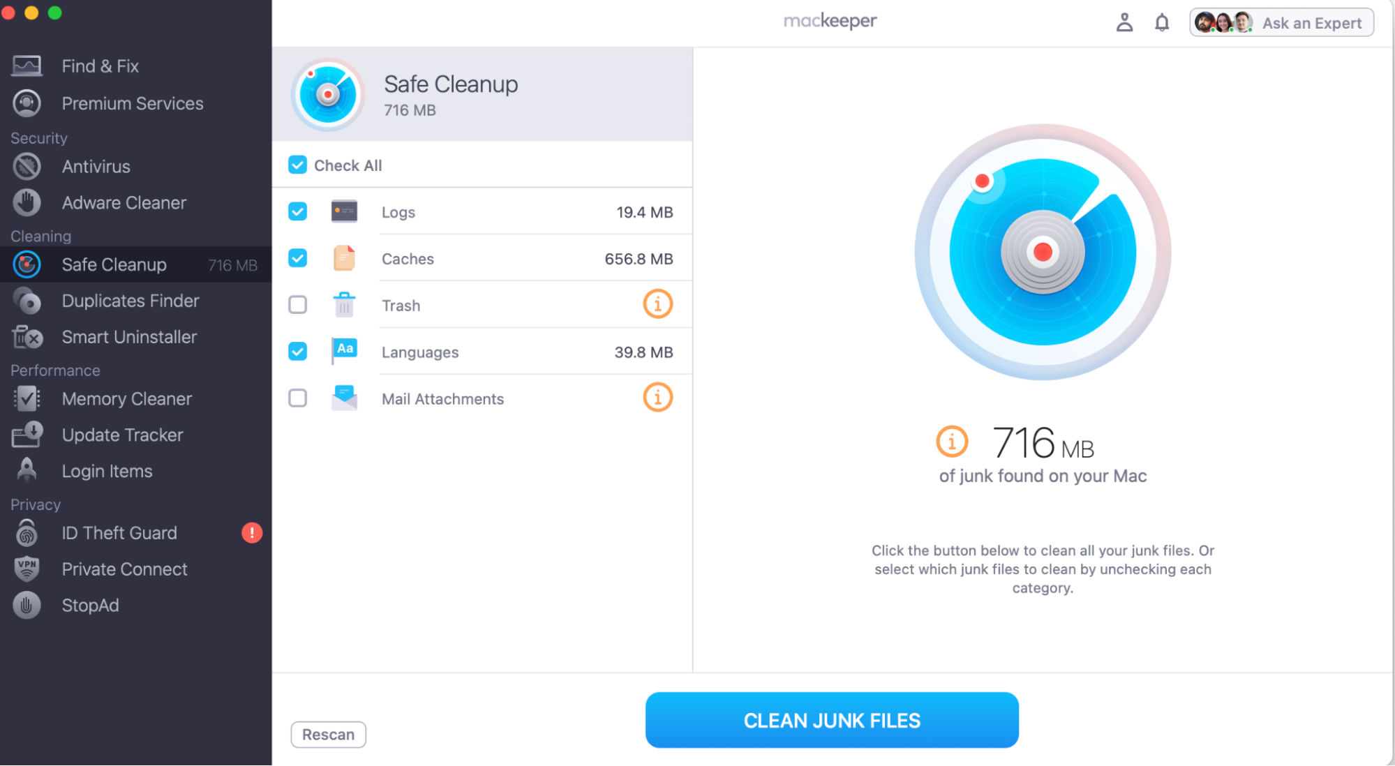 Once the scan is complete, you'll be able to see all the digitial accumulation of junk and clutter that is buried deep within your Mac. Tick everything you want MacKeeper to delete and press Clean Junk Files when you're sure as once it's gone it cannot be retrieved.
