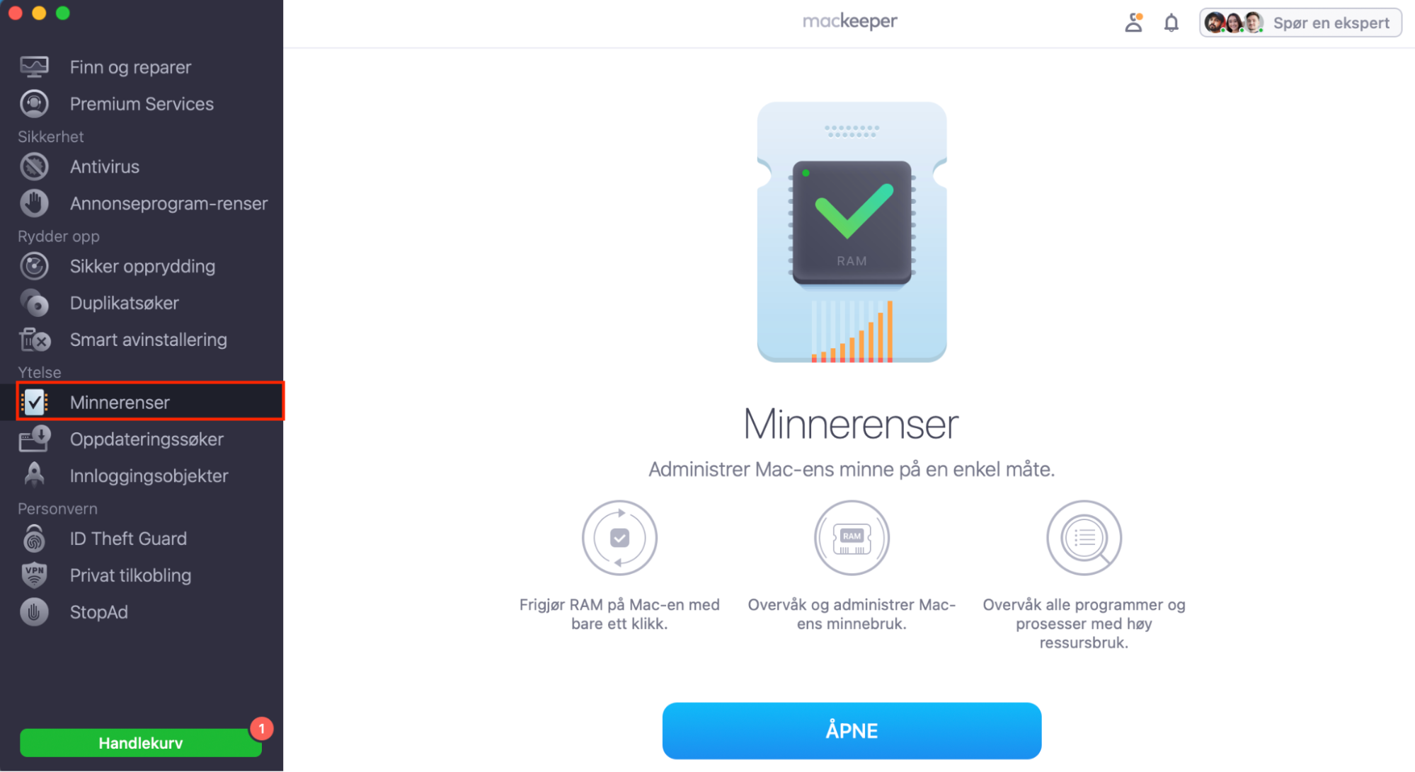 For å frigjøre programminne og unngå appkrasj, åpne MacKeeper og velg Minnerenser fra sidemenyen. Klikk deretter bare på Rens minne, så tømmes RAM-minnet ditt på noen sekunder.