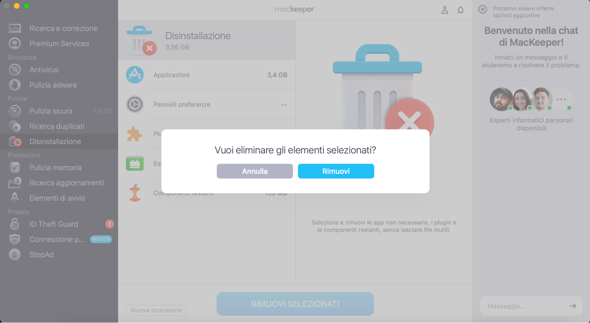 Dovrai confermare le tue azioni cliccando sul pulsante Rimuovi, poiché una volta che MacKeeper avrà ripulito il tuo Mac, non potrai più recuperare quei file. Assicurati quindi di controllare tutto ciò che hai selezionato e, solo quando sei pronto, clicca di nuovo su Rimuovi per confermare l'eliminazione.