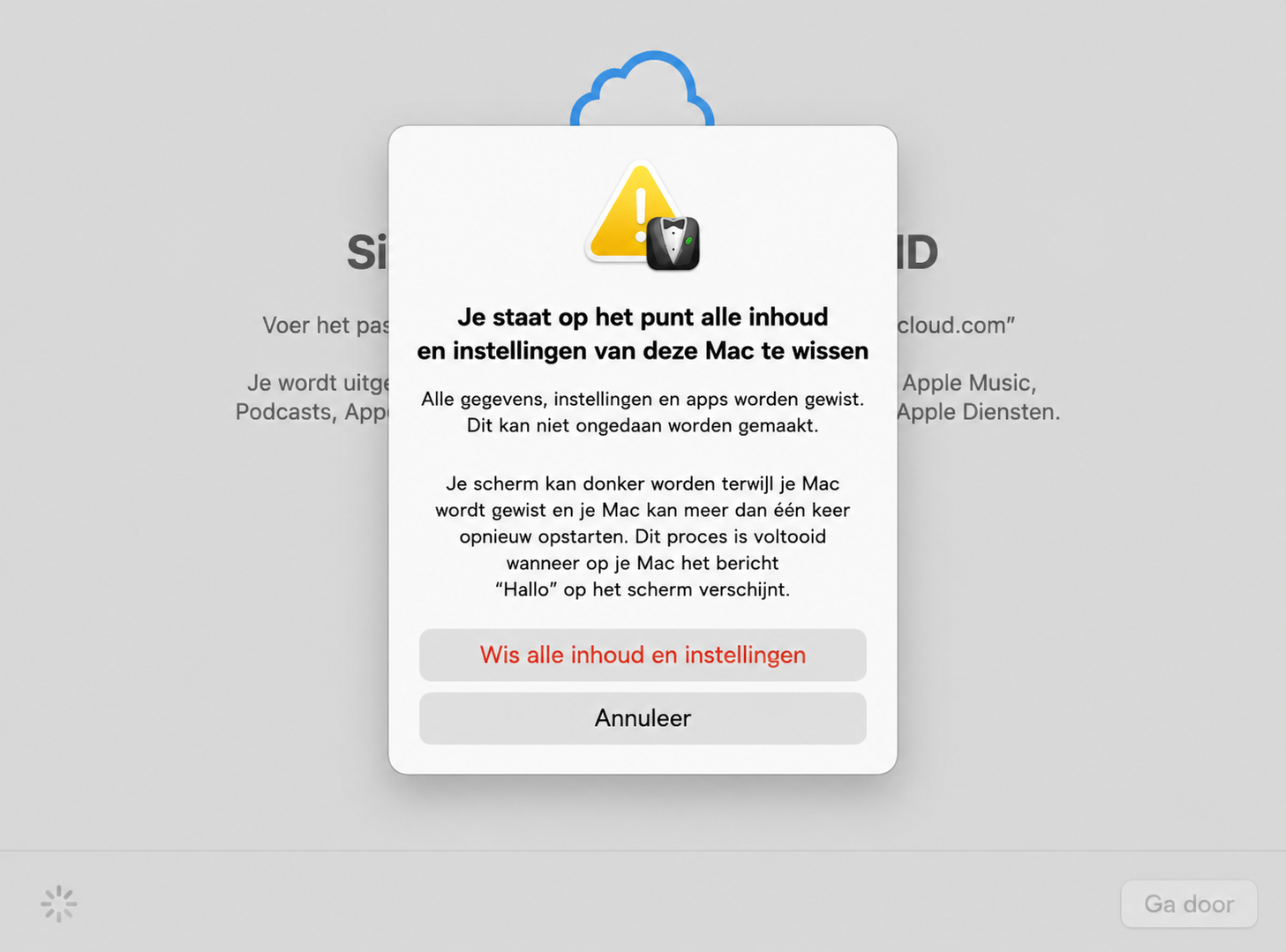 Selecteer Wis alle inhoud en instellingen op Macs met Apple silicon of een Apple T2 Security Chip om gegevens, apps en instellingen te verwijderen en het apparaat terug te zetten naar de fabrieksinstellingen.