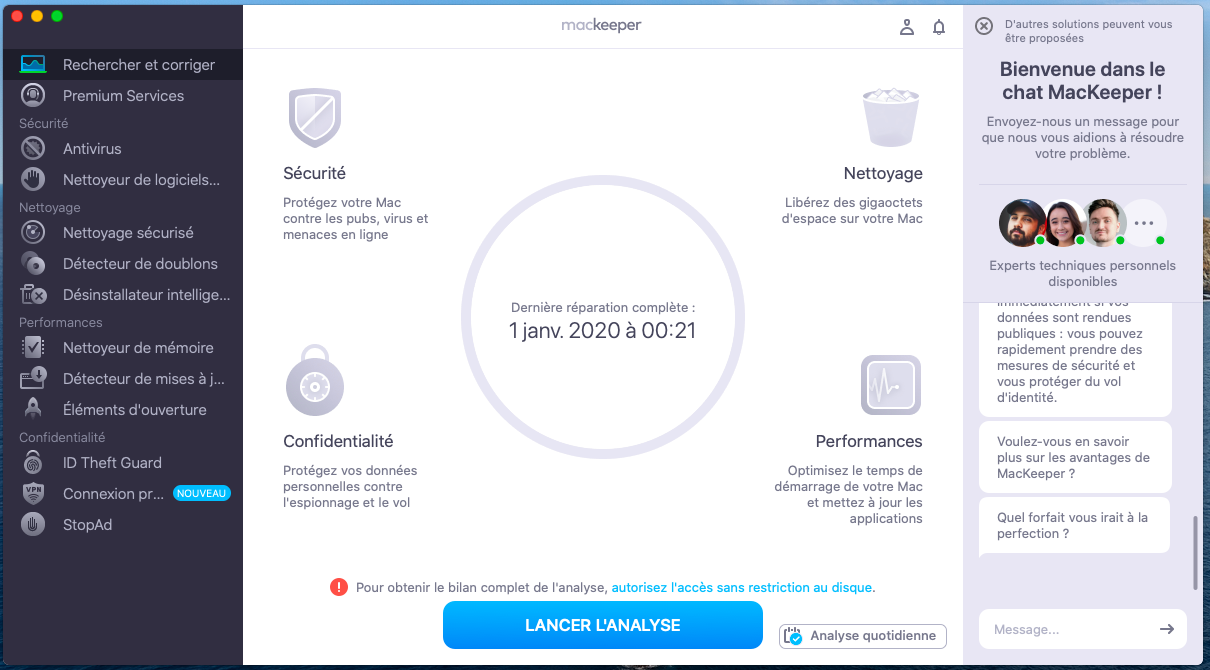 Pour trouver la source du problème, essayez l'outil Rechercher et corriger de MacKeeper sur votre Mac. Lancez MacKeeper puis rendez-vous dans la section Rechercher et corriger, cliquez ensuite sur Lancer l'analyse.
