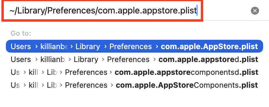 The Go to Folder option on Mac with a path to an App Store preferences file. Try deleting the App Store preferences files when you encounter the NSURLErrorDomain error -1012 message.