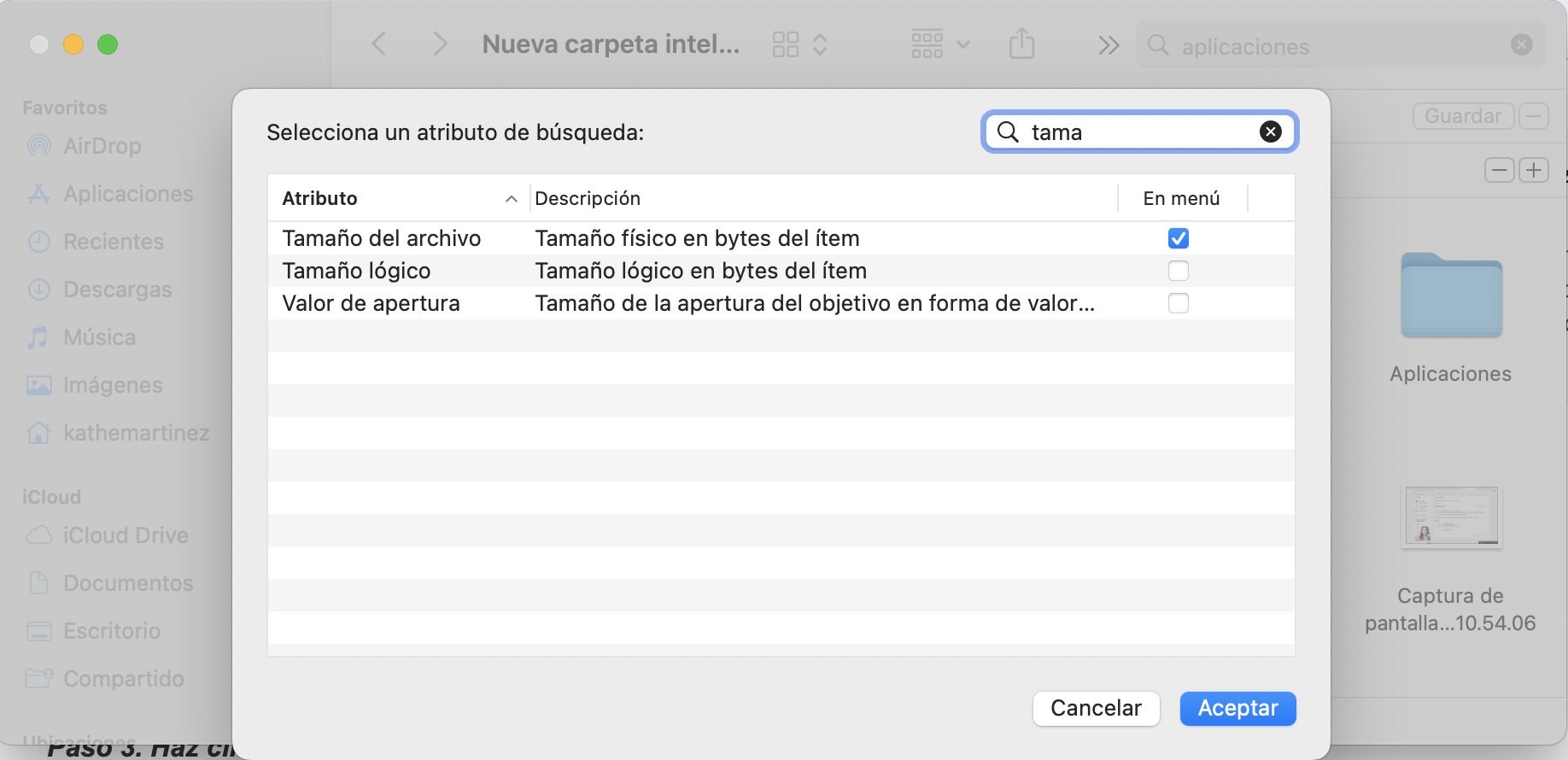 Ahora seleccione el atributo «Tamaño del archivo» en la nueva carpeta inteligente, en la opción «Otros». Confirma la acción haciendo clic en «Aceptar» cuando haya terminado.