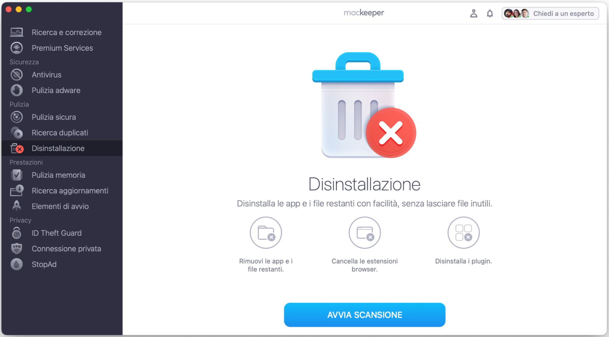 Per rimuovere un'app con MacKeeper, apri l'app e seleziona la funzione Disinstallazione. Poi fai clic su Avvia scansione: bastano pochi secondi.