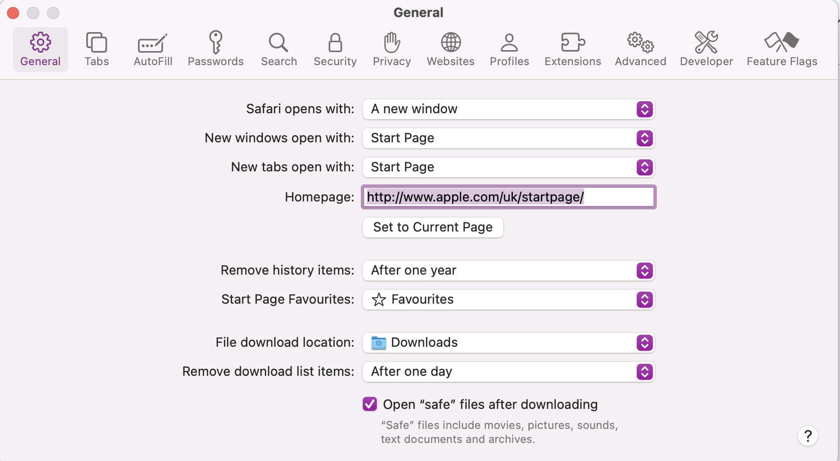 If you now want to change the Safari appearance and interface you can once again do so by opening Safari Preferences. In the General tab, you can edit your favourites, homepage, new windows and file download locations to meet your needs.