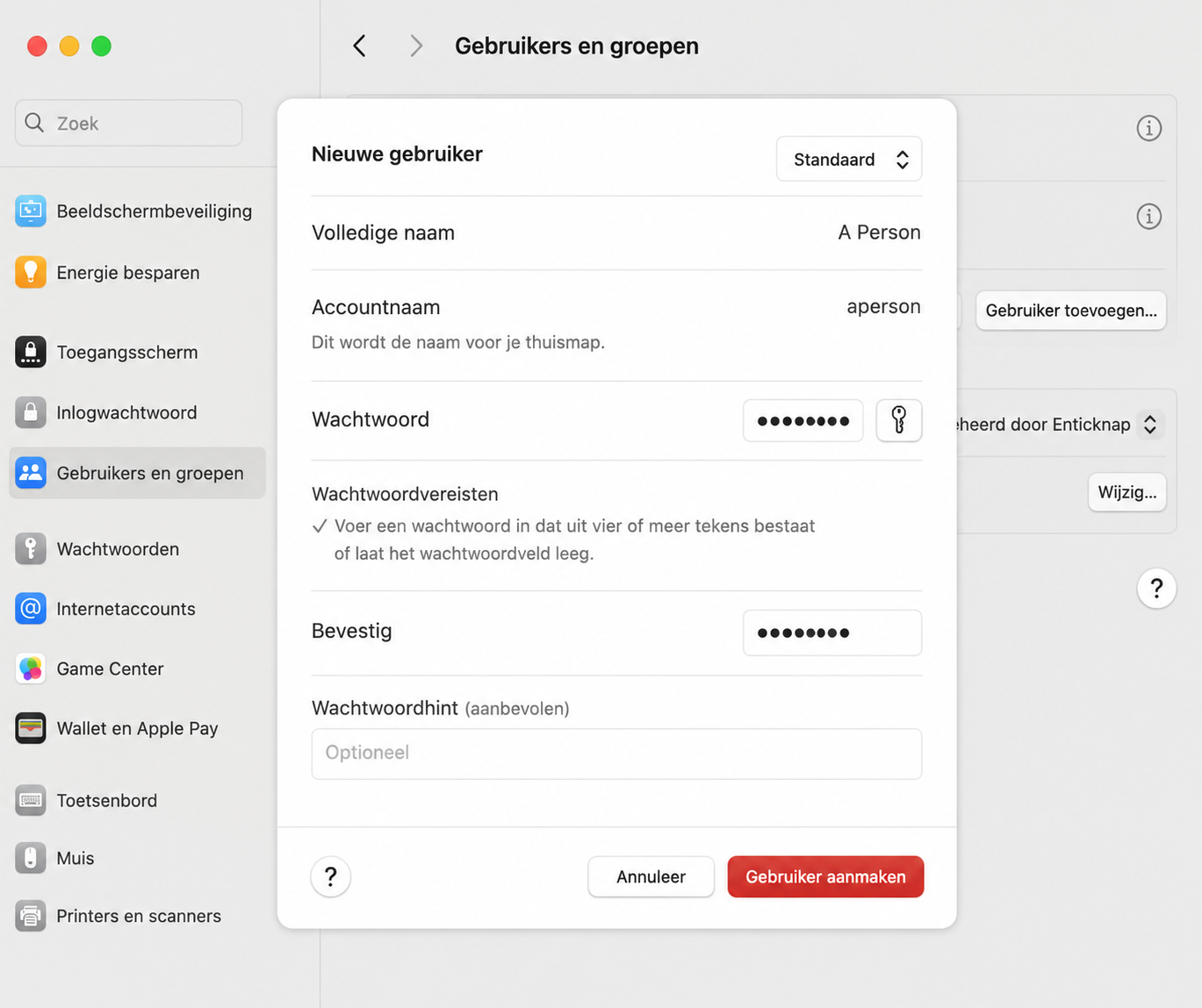 Voer alle gegevens in voor uw nieuwe macOS-gebruikersaccount, inclusief de naam, het wachtwoord en de wachtwoordhint, als u dat wilt.