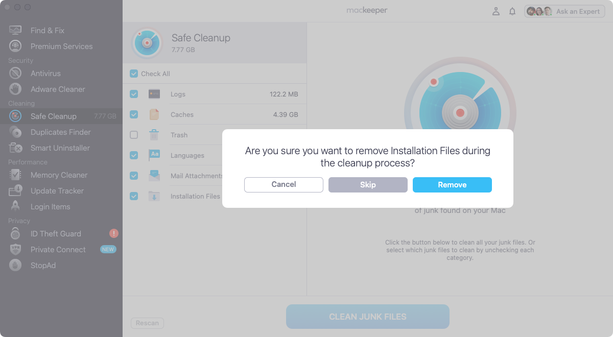 Finally, you'll need to click the 'Remove' button to confirm that you want to delete the selected junk files. Click it, and MacKeeper will safely delete those files. Finally, you'll need to click the 'Remove' button to confirm that you want to delete the selected junk files. Click it, and MacKeeper will safely delete those files.