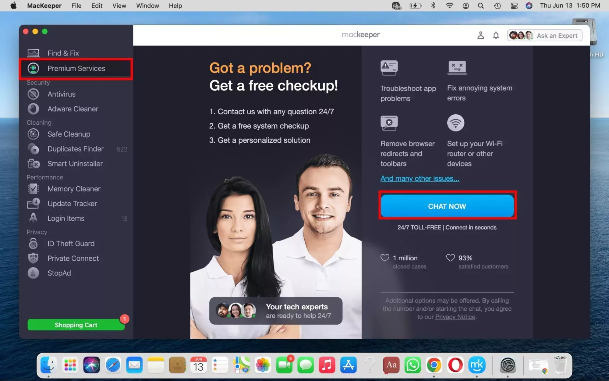 The MacKeeper app is open on a MacBook. Use the chat function in Premium Services to remove DuckDuckGo from your Mac device.