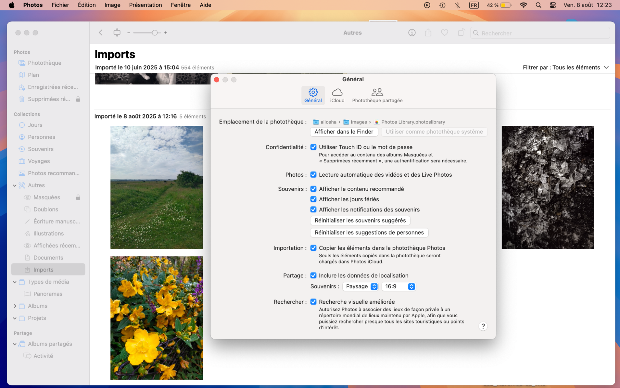 Pour accéder à vos réglages photos et les modifier, cliquez sur Photos et sur Réglages. Un autre menu s’ouvrira pour vous permettre de transférer des photos d’iCloud à votre Mac.