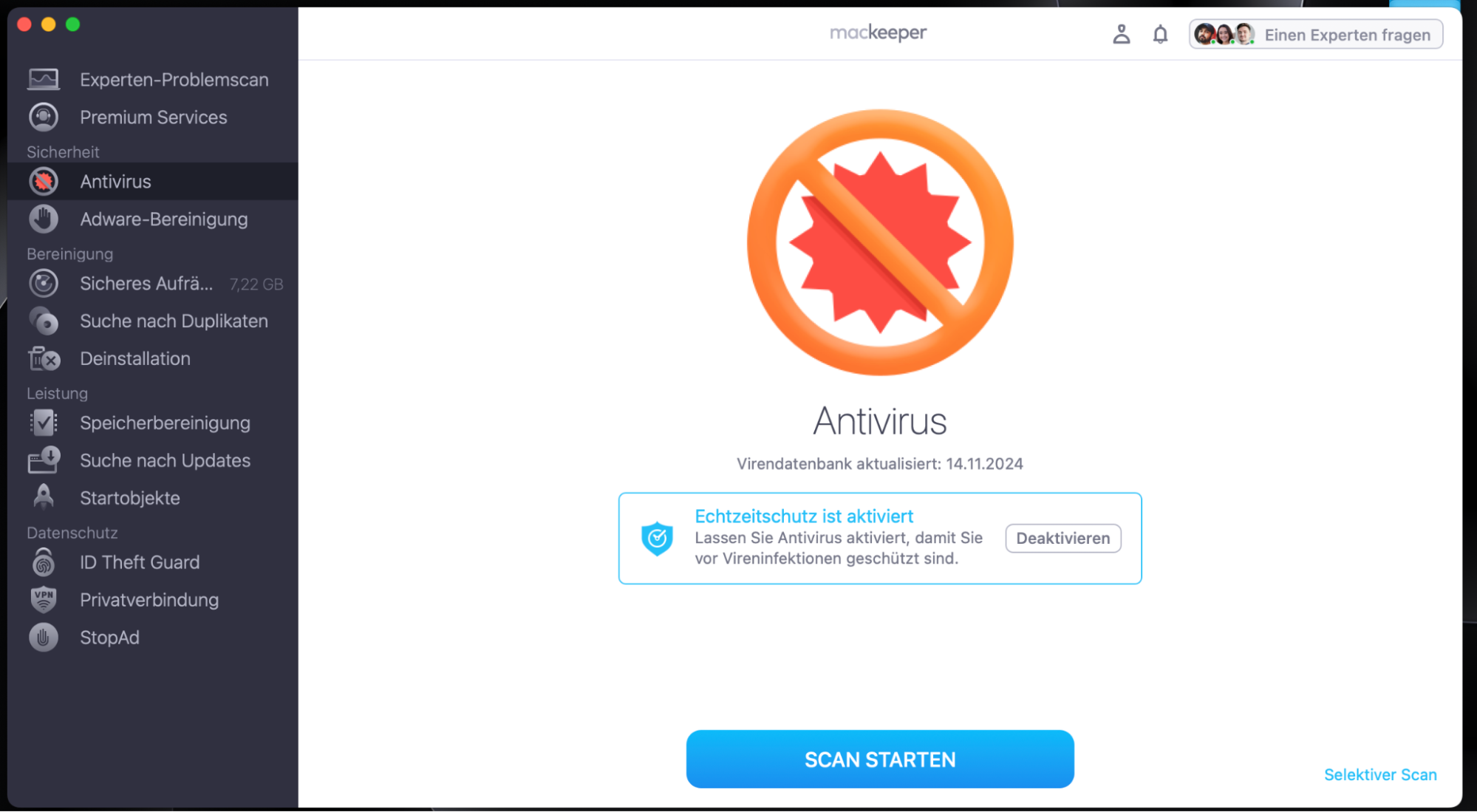 Klicken Sie auf Antivirus > Aktivieren > Scan starten. Das Bild zeigt die Antivirus-Software von MacKeeper auf einem Mac-Gerät. Sie kann Benutzern helfen, einen schwarzen Bildschirm zu beheben, wenn der Neustart eines Mac nicht funktioniert.