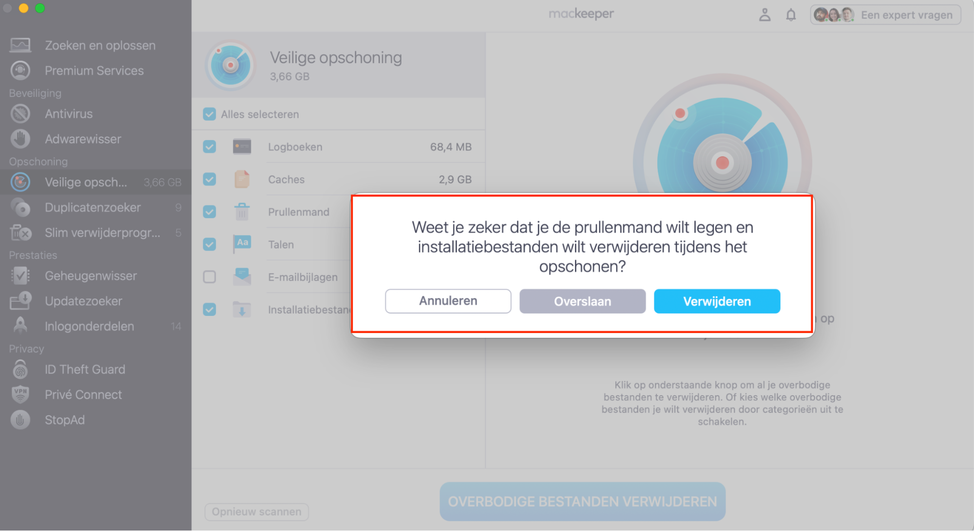Nadat je alle vakjes hebt aangevinkt van de items waar je vanaf wilt, kies je Overbodige bestanden verwijderen. Tik daarna op Prullenbak legen in het pop-upvenster