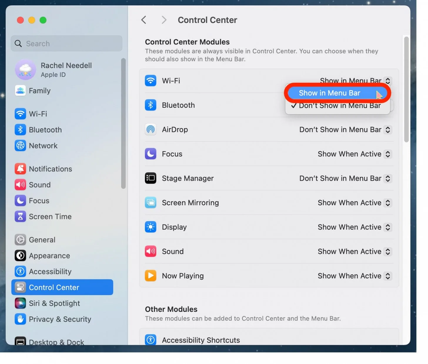In the drop-down menu of System Settings, launch Control Center, then find Bluetooth, and enable the Show in Menu bar feature.