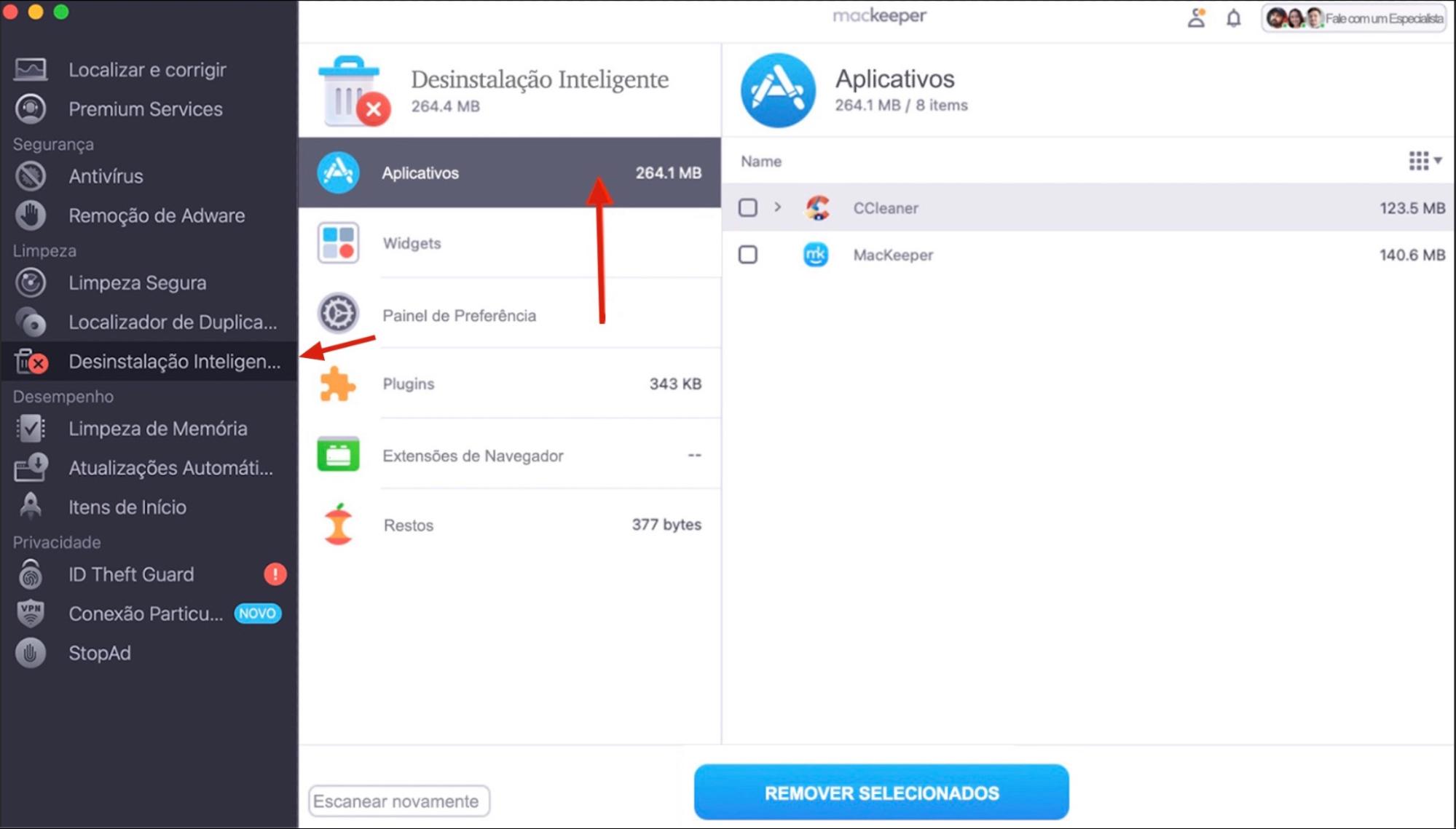 O MacKeeper no Mac exibe a ferramenta Desinstalação Inteligente. Clique em Aplicativos para ver uma lista de todos os apps que você pode remover do seu Mac.