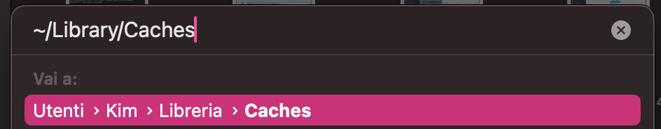 Nella barra di ricerca, inserisci il percorso ~/Library/Caches e premi Vai. In questo modo troverai più facilmente i file di cache di Safari.