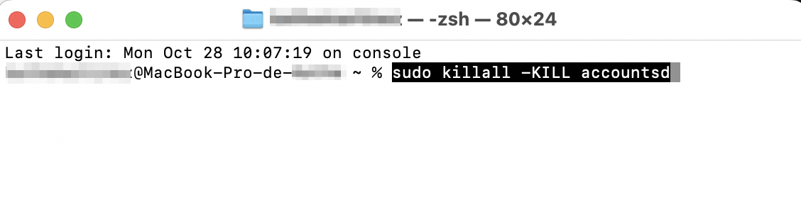 Terminal en un Mac, con el comando sudo killall -KILL accountsd. Cómo arreglar servicio de cuentas quiere usar el llavero de inicio de sesión.