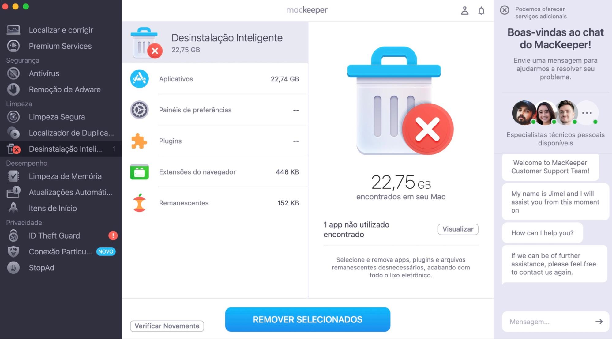 Depois que o MacKeeper verificar seu dispositivo, ele mostrará todos os aplicativos, plugins, extensões do navegador e arquivos residuais que você pode remover com segurança para liberar espaço de armazenamento. Marque o que deseja remover e clique em Remover Selecionados.