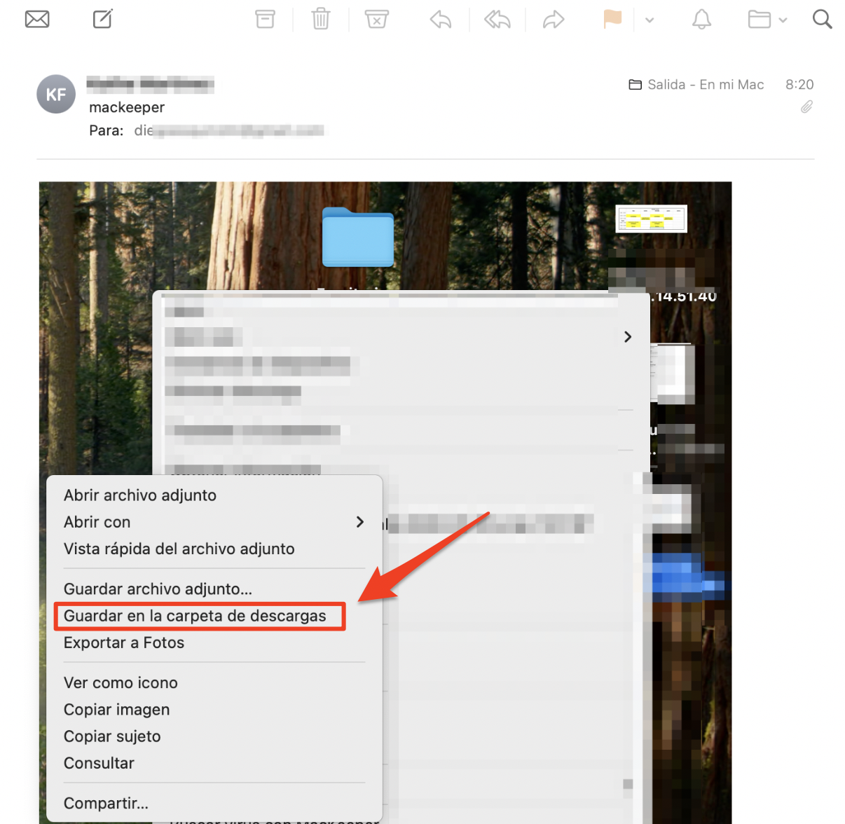 Mail en Mac muestra un nuevo correo electrónico con un archivo adjunto. Para mover datos de Mac a Mac a través del correo electrónico, haz clic con el botón derecho en el archivo y, a continuación, haz clic en Guardar en carpeta de descargas para guardarlo. Mail en Mac muestra un nuevo correo electrónico con un archivo adjunto. Para mover datos de Mac a Mac a través del correo electrónico, haz clic con el botón derecho en el archivo y, a continuación, haz clic en Guardar en carpeta de descargas para guardarlo.