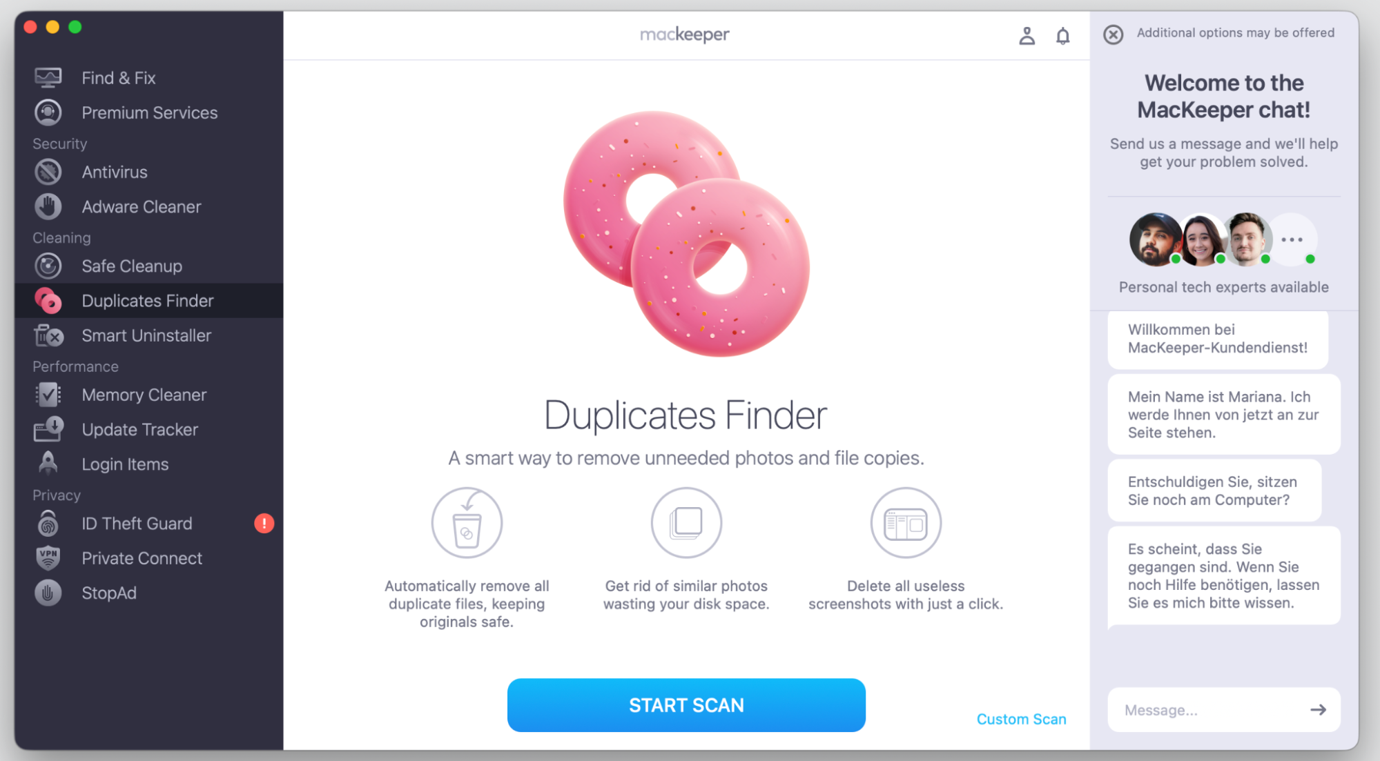 MacKeeper app on macOS showing the Duplicates Finder tab and a Start Scan button to clear duplicate screenshots on an Apple laptop.