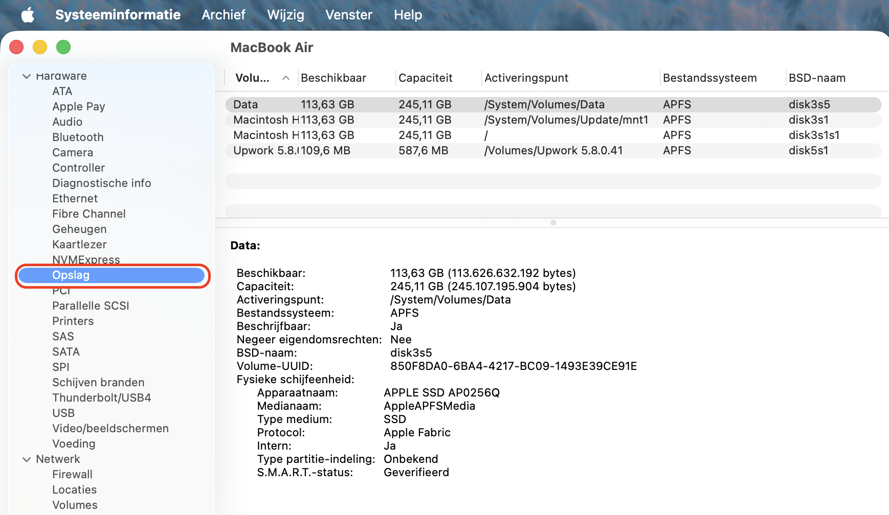 Klik in Systeemrapportage op Opslag in de zijbalk om details over het interne station van je Mac te bekijken, inclusief type, capaciteit en upgradeopties.
