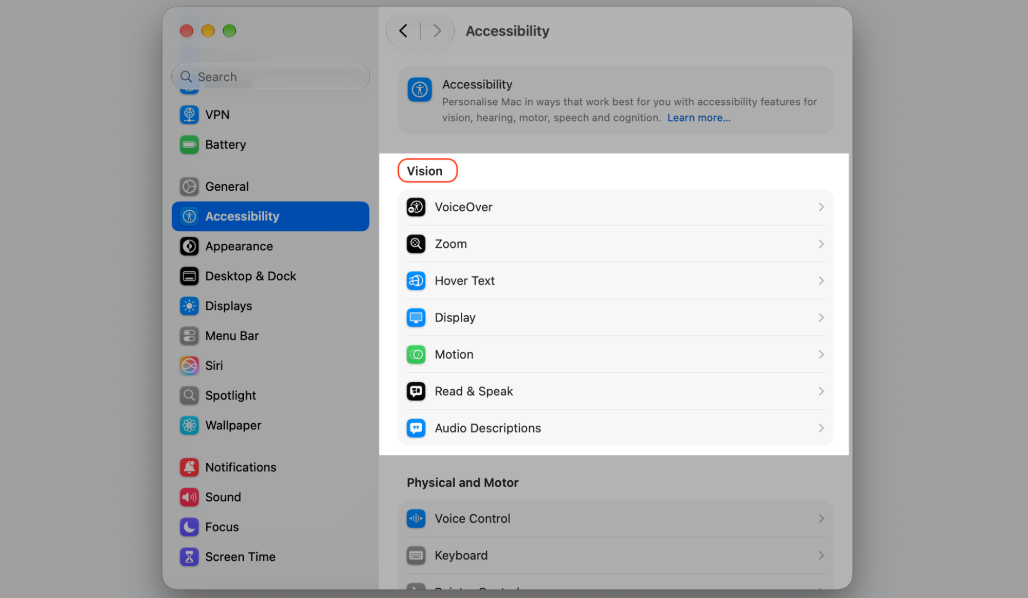 Accessibility tab in macOS System Settings with the Vision category highlighted, listing VoiceOver, Zoom, Hover Text, and Display on a Mac.