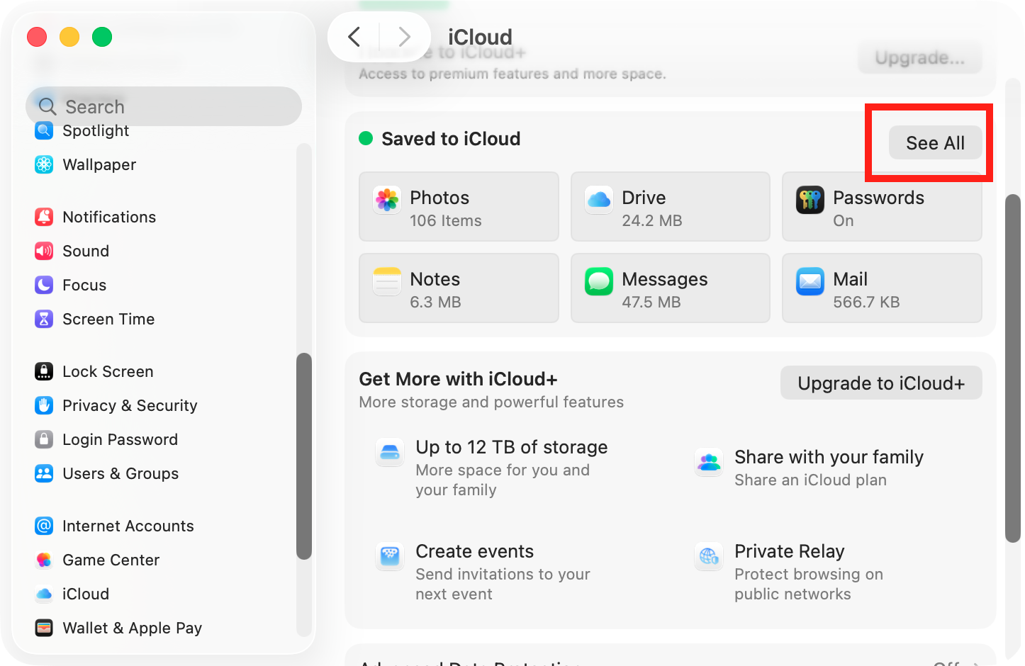 In the iCloud section, scroll down until you see 'Saved to iCloud'. If you don't see 'Find My Mac' in this list, click the 'See All' button.