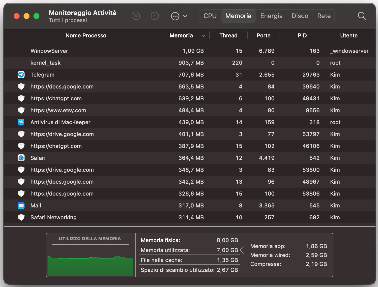Monitoraggio Attività ti mostrerà se ci sono processi in background che consumano molta RAM. Questi possono rallentare Safari, quindi è importante tenerli sotto controllo.