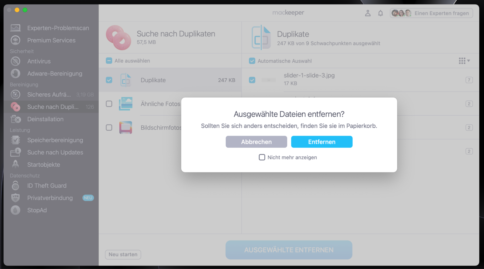 Bestätigen Sie Ihre Entscheidung und klicken Sie auf Entfernen, um den Vorgang abzuschließen. Sie finden gelöschte Dateien im Papierkorb, falls Sie sie wiederherstellen möchten.