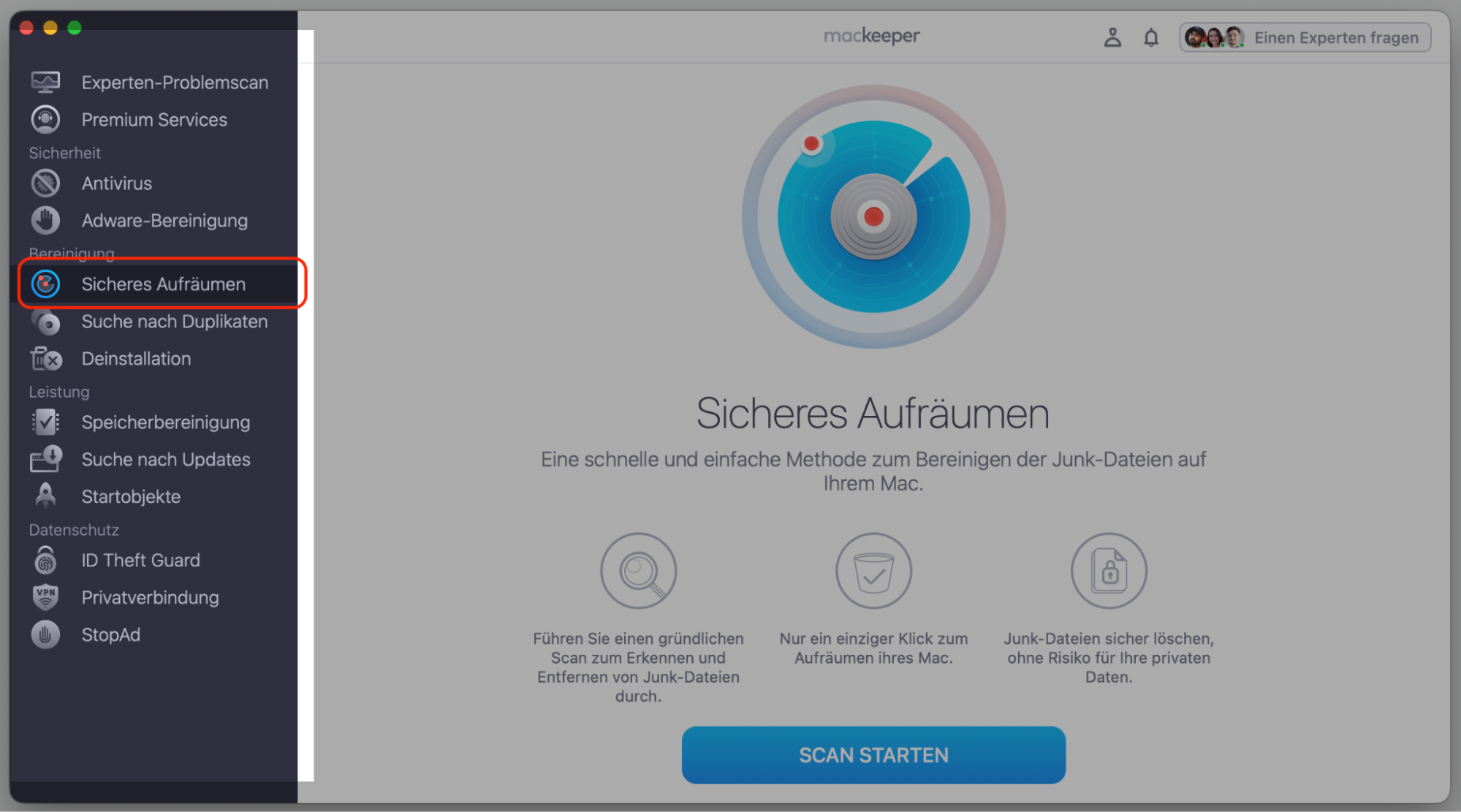 Startbildschirm der Funktion Experten-Problemscan in MacKeeper mit Sicheres Aufräumen, das in der Seitenleiste hervorgehoben ist.