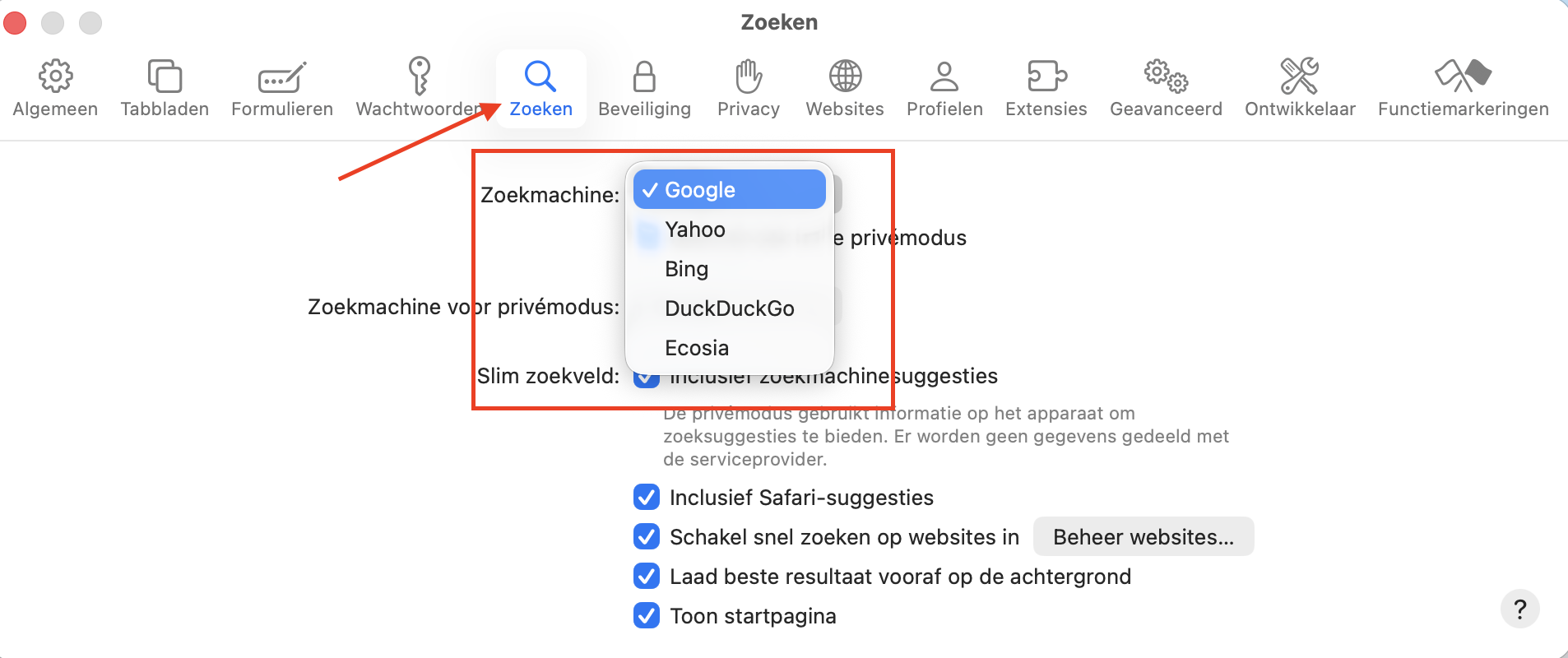 Het menu Zoeken in Safari op Mac. Controleer je zoekmachine en gebruik het uitklapmenu om deze indien nodig te wijzigen.