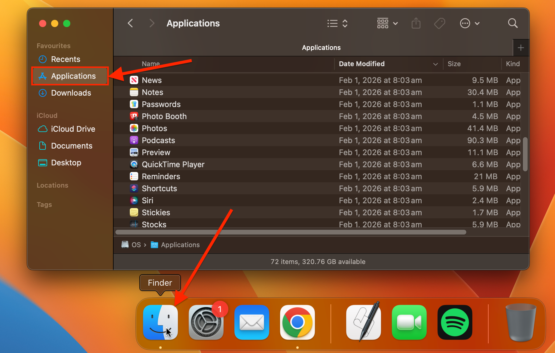Finder window on a Mac with the Applications folder selected in the sidebar after launching Finder from the Dock icon.