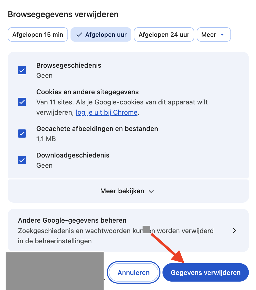 Chrome op de Mac toont het menu ‘Browsegegevens wissen’. Selecteer de bestanden die je wilt verwijderen en klik op ‘Gegevens wissen’.