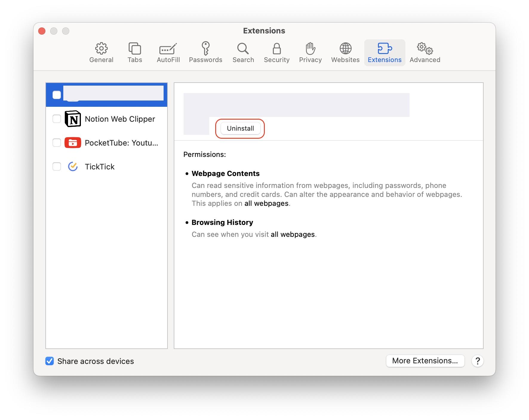 To remove the DuckDuckGo extension from Mac, switch to the Extensions tab in Safari settings. Now select DuckDuckGo and click Uninstall.