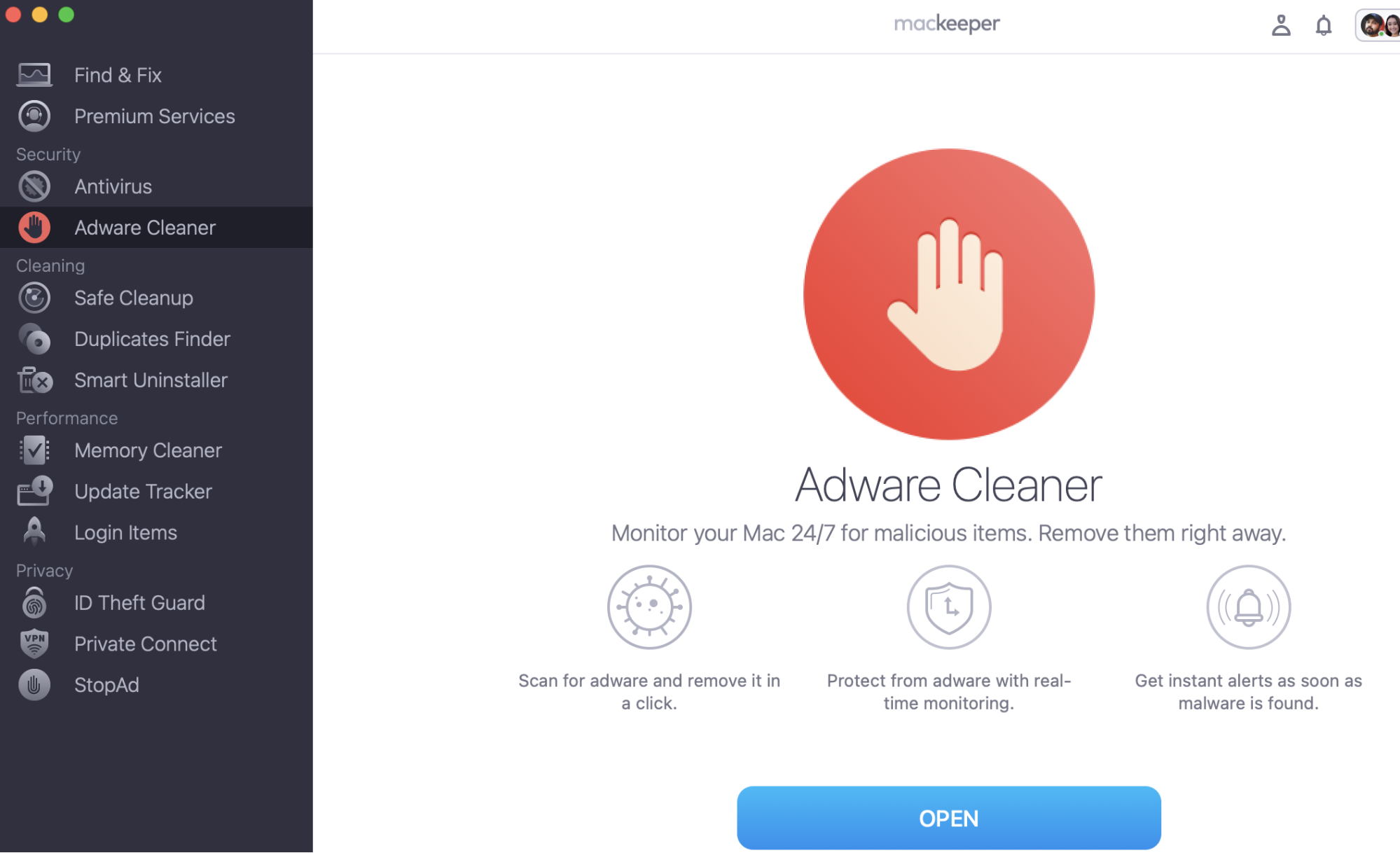 To scan for viruses and remove them from your browser, run MacKeeper and select Adware Cleaner. Open the feature by clicking the blue Open button.