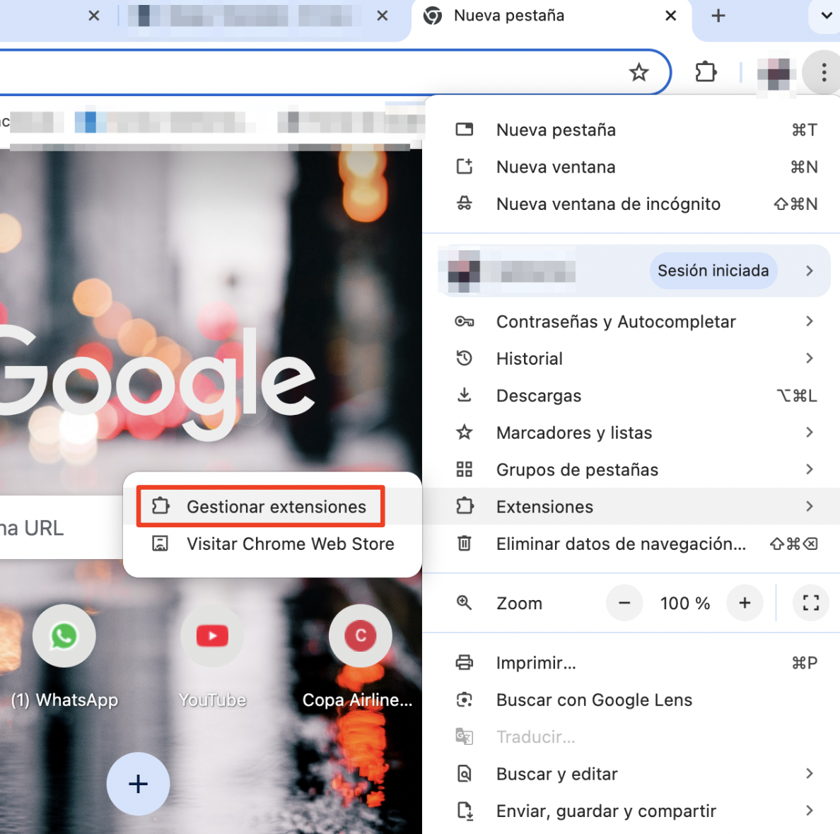 El cuadro desplegable más herramientas de Google Chrome muestra gestionar extensiones como una forma de acceder a las extensiones instaladas para quitar el reproductor de música problemático.