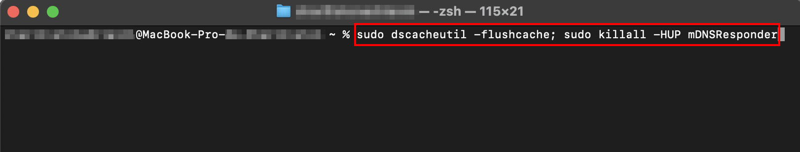 Qualquer que seja a opção que você escolheu para abrir o Terminal, agora é hora de digitar o comando: sudo dscacheutil -flushcache; sudo killall -HUP mDNSResponder