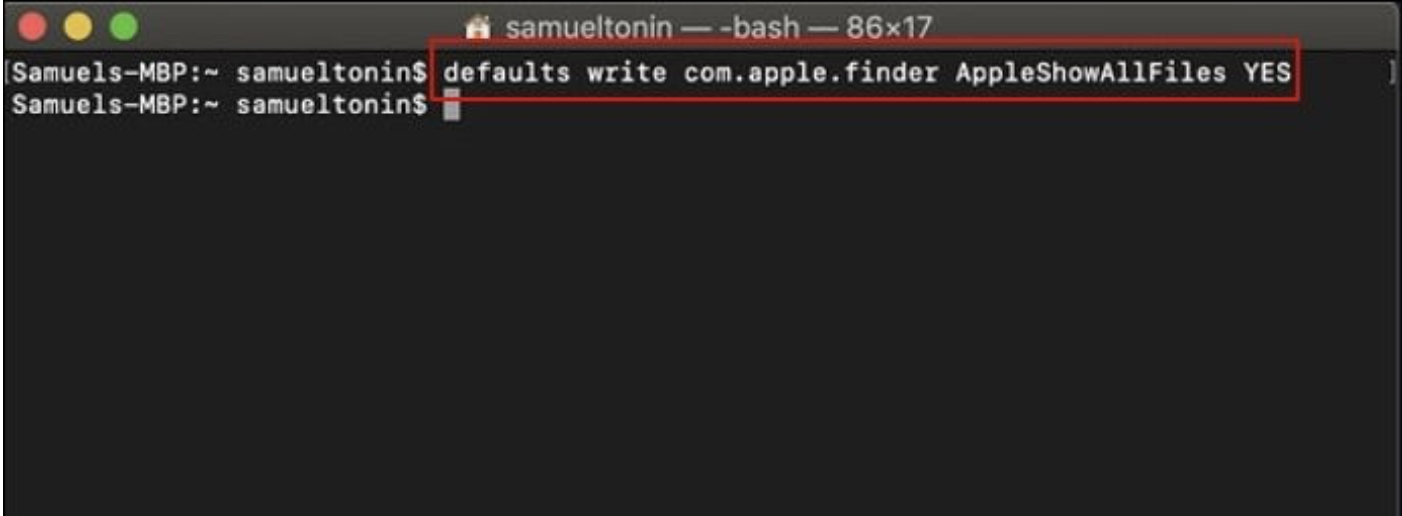 In Terminal, you’ll want to enter the command defaults write com.apple.Finder AppleShowAllFiles YES and then press Enter. To then relaunch Finder, tye in the command killall Finder then press Enter.
