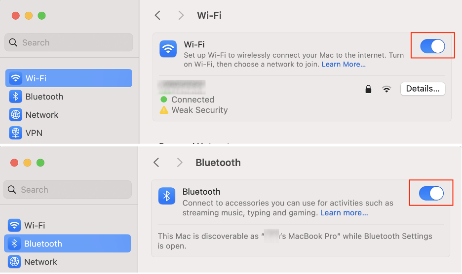 To control your iPhone on your Mac using iPhone Mirroring, go to your Mac’s System Settings and turn on the Wi-Fi and Bluetooth toggles.