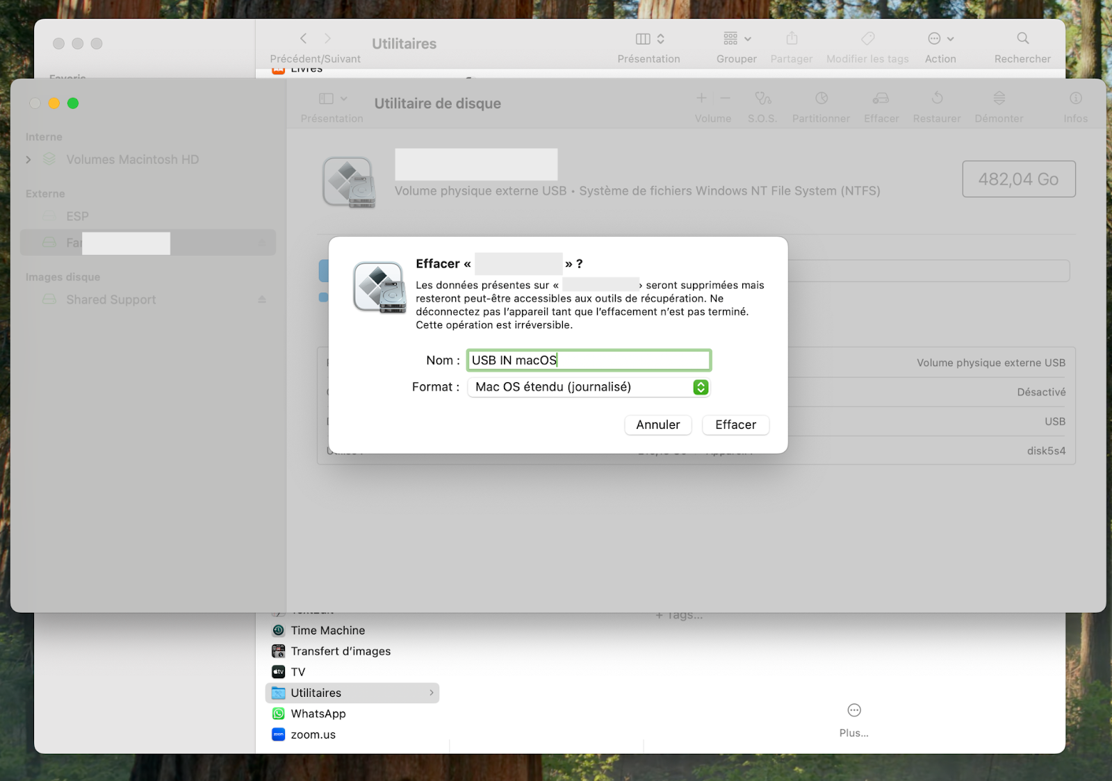 Maintenant, vous devez sélectionner les options du format. Choisissez « Mac OS étendu (journalisé) » et « Table de partition GUID ». Nommez votre clé USB, puis cliquez sur « Effacer ».
