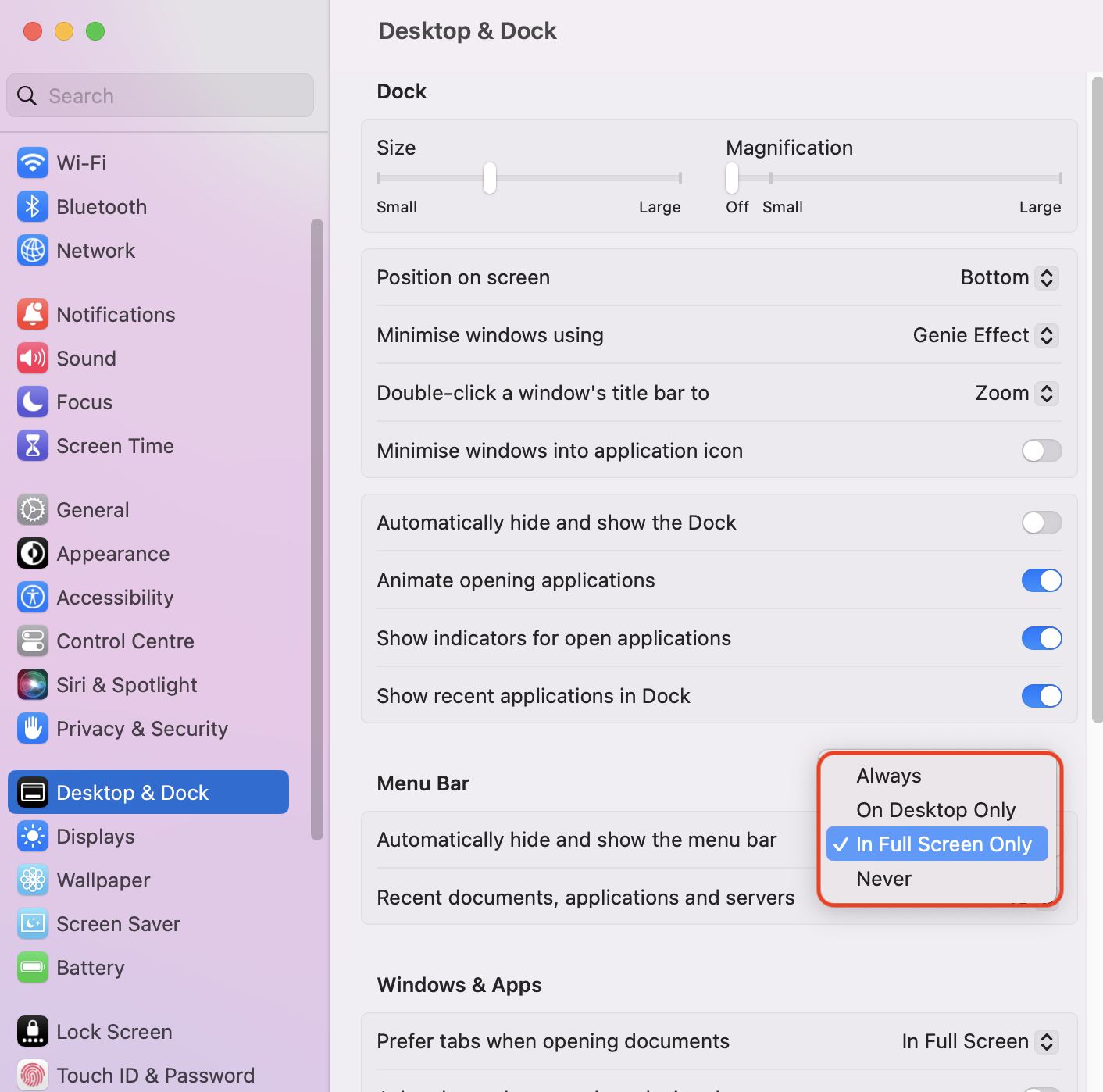Accédez à Paramètres système > Bureau et Dock. Vous pouvez alors choisir d'afficher ou de masquer la barre de menus sur votre ordinateur Mac. Accédez à Paramètres système > Bureau et Dock. Vous pouvez alors choisir d'afficher ou de masquer la barre de menus sur votre ordinateur Mac.