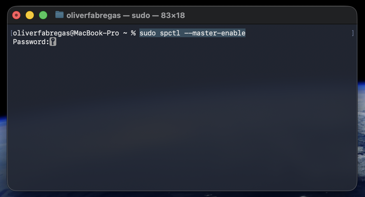 Running sudo spctl --master-enable in Terminal on a MacBook re-enables Gatekeeper protection after opening the previously blocked app.