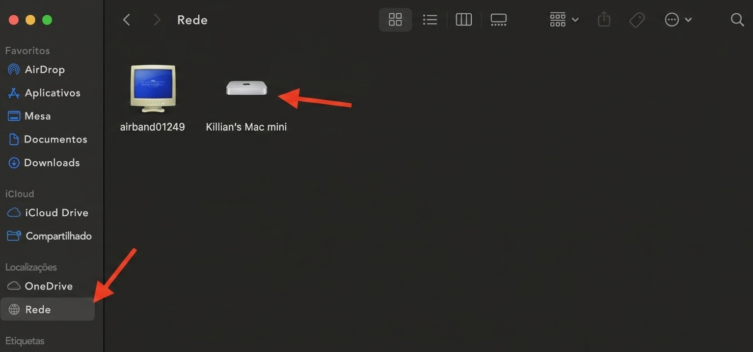 Finder no Mac mostrando a pasta Rede. Para usar o compartilhamento de arquivos via Bluetooth para copiar arquivos de um Mac para outro Mac, selecione o seu Mac antigo para se conectar a ele.