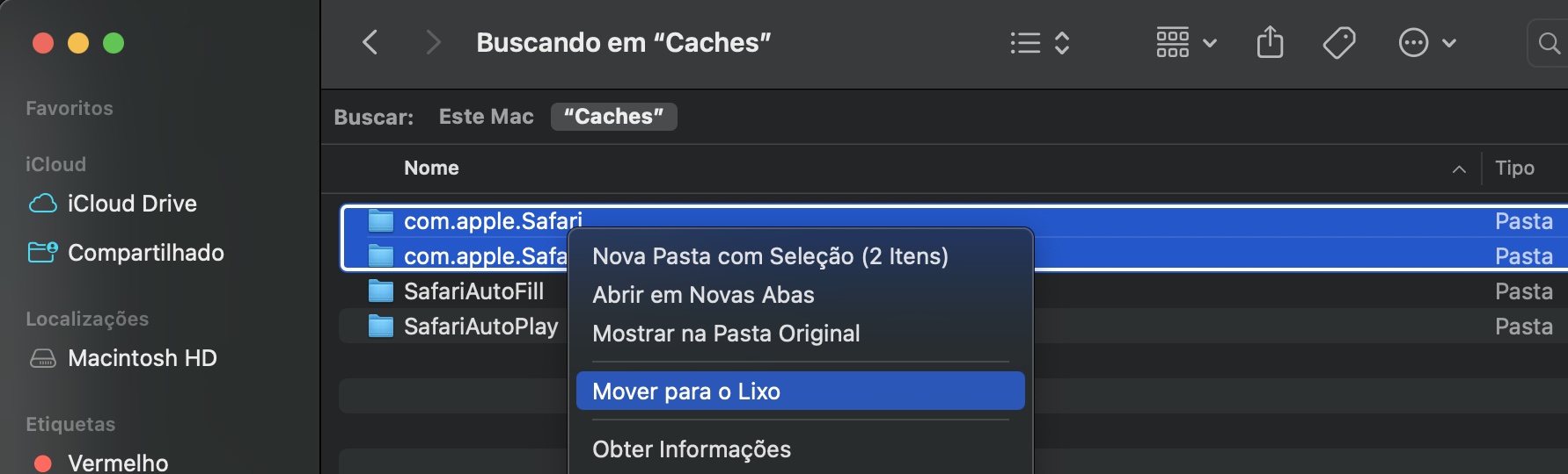 Localize as pastas do Safari e clique com o botão direito nelas. Agora você pode selecionar Mover para o Lixo. Não se esqueça de esvaziar o Lixo depois para remover todos os vestígios dos arquivos de cache do Safari do seu computador Mac.
