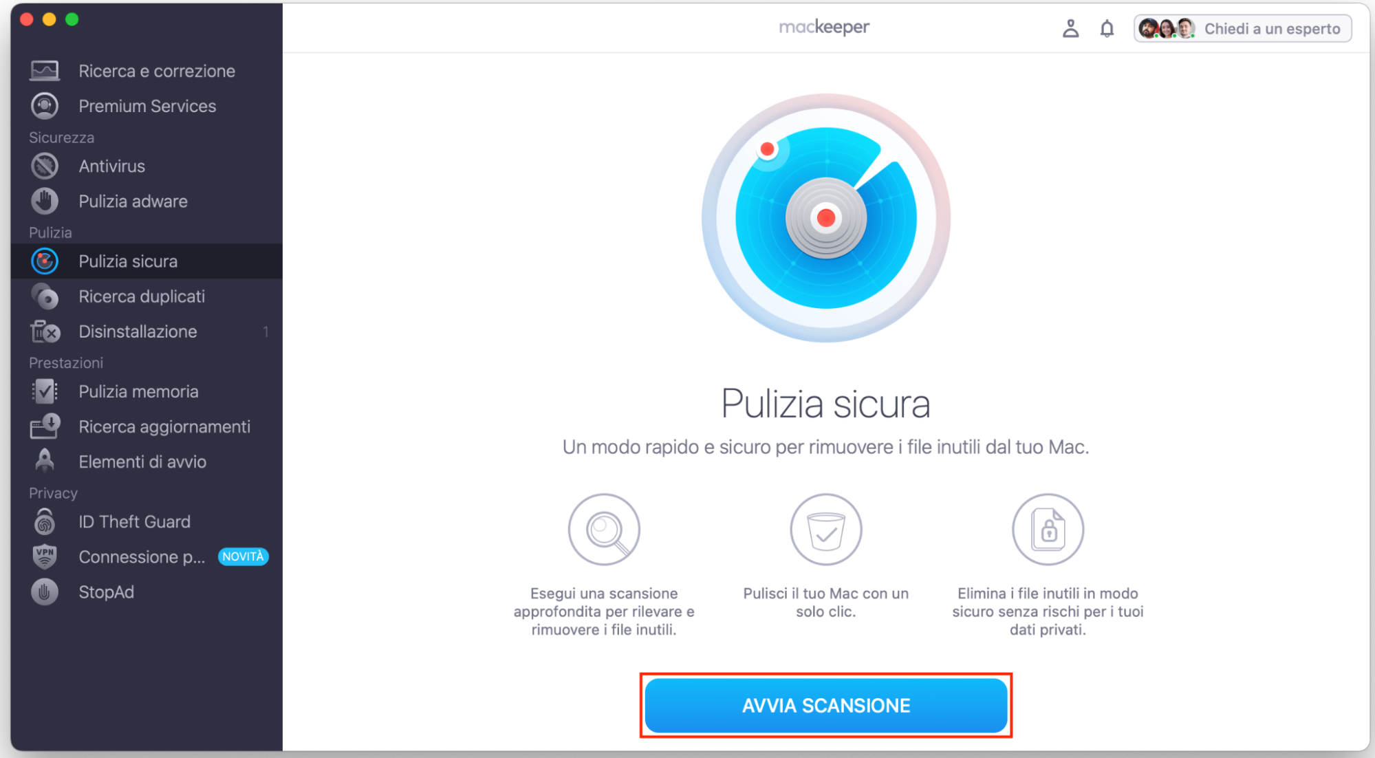 Avvia una scansione con la funzione Pulizia Sicura di MacKeeper per cercare i file da eliminare. Puoi anche rimuovere cache e altro ancora.