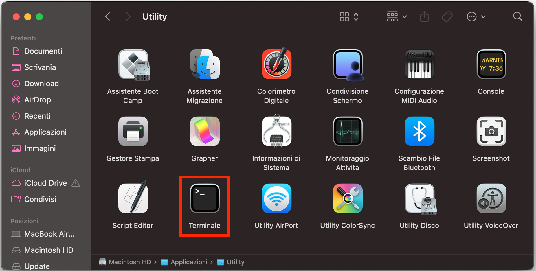 Nelle versioni più recenti di macOS, dovrai usare l'app Terminale per programmare gli orari di sospensione. La trovi in Applicazioni > Utility.