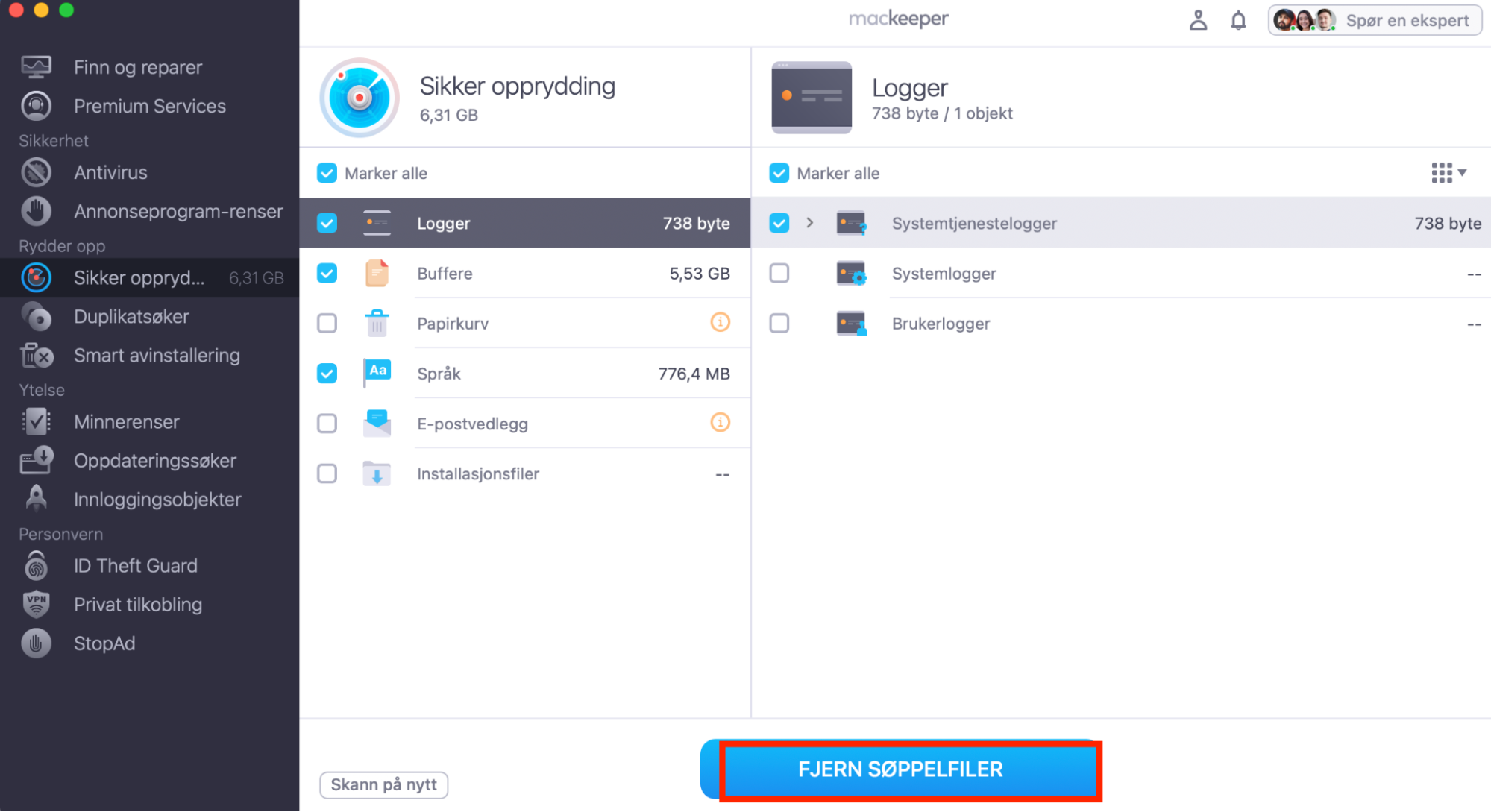 MacKeeper lar deg også tømme papirkurven samtidig som du bruker Sikker Opprydding. Du trenger ikke det, så velg alternativet som passer best for deg.