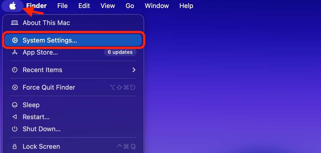 To disable FileVault on macOS Ventura or later, open the Apple menu on your desktop and select the System Settings option.
