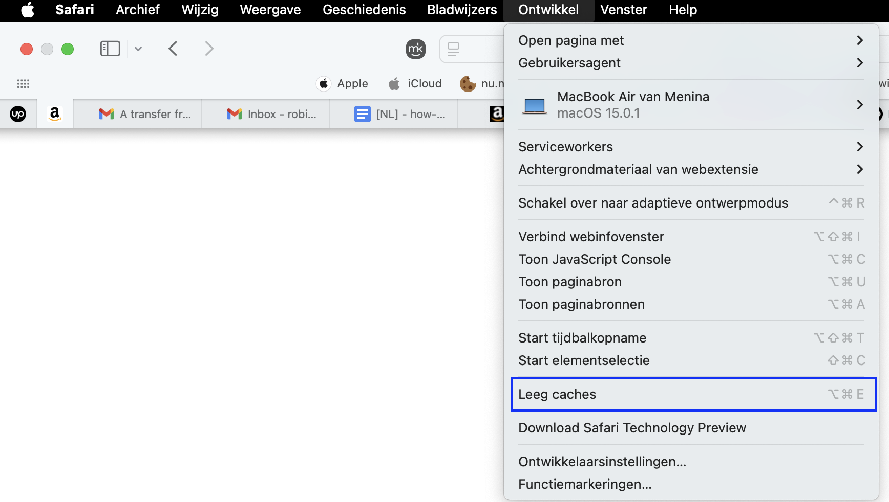 Tot slot wis je de cache in Safari op je Mac door in het menu Ontwikkel van de browserinstellingen Leeg caches te selecteren.