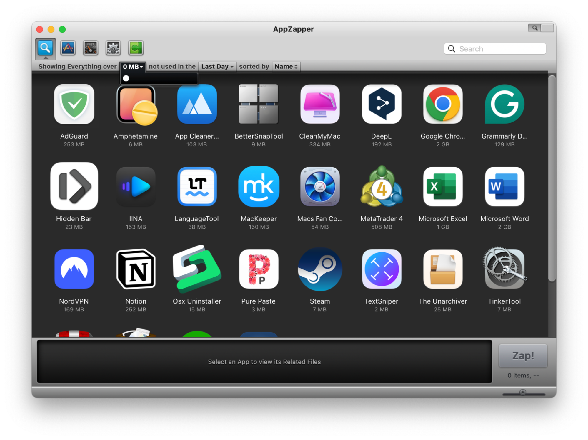 Mit AppZapper können Sie Apps, Widgets, Einstellungsfenster und Plugins entfernen. Wählen Sie aus, was Sie entfernen möchten, und klicken Sie auf die Schaltfläche Zap!