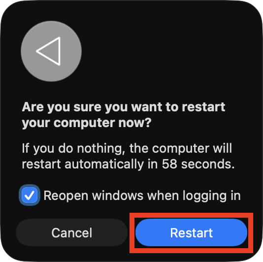 The Restart confirmation prompt on Mac. Trying restarting your machine when you encounter the NSURLErrorDomain error -1012 message to see if that helps.